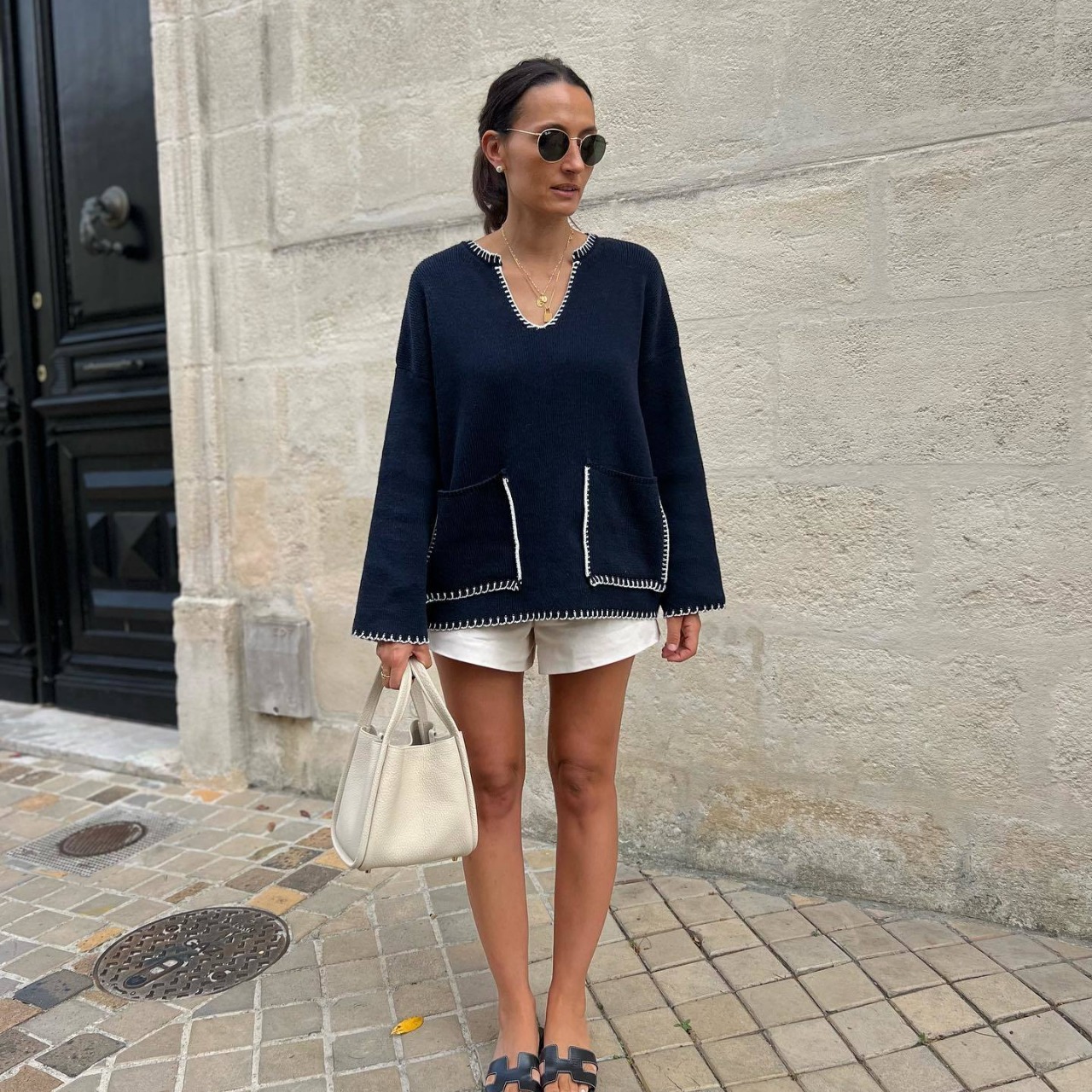 Women's 2023 autumn new item niche design V-neck decorative knitted sweater with stitching_voghion.com