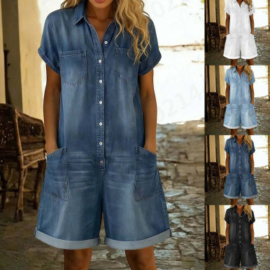 Amazon Shein Y2 Hot-Selling New Cross-Border Imitation Denim Loose-Fitting Women's Short-Sleeve Dress Jumpsuit Shorts Amazon Shein Y2 Hot-Selling New Cross-Border Imitation Denim Loose-Fitting Women's Short-Sleeve Dress Jumpsuit Shorts