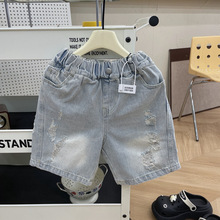 斜拼接小破洞牛仔中裤纯棉2025夏季新款儿童洋气牛仔短裤五分裤潮