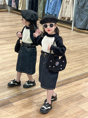 女童春裝韓版氣質拼色毛線針織衫麻花毛衣+牛仔開叉半身裙分開拍