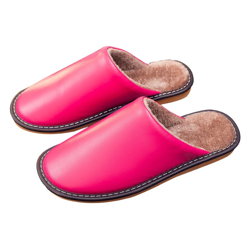 Winter home fleece-lined warm couple leather slippers non-slip waterproof home indoor men's and women's cotton slippers winter