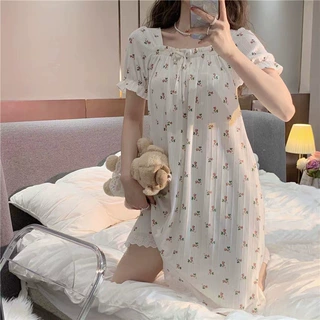 睡衣女夏季短袖可爱公主风碎花宽松家居服薄款春秋睡裙中长款外出