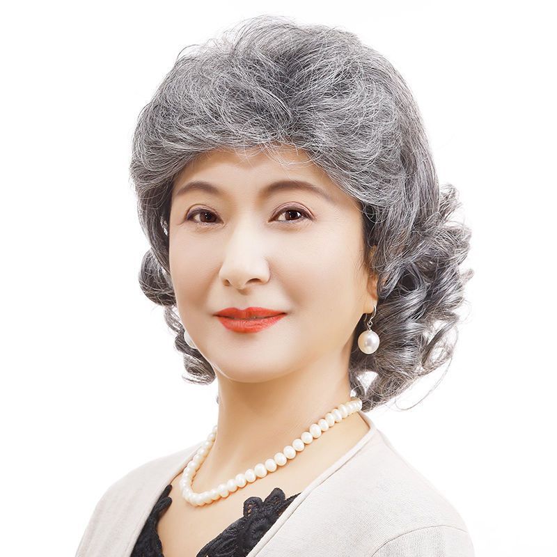 かつらの女性のショートヘアの花の白い中高年のおばあさんの金の自然なふわふわしている波の巻きの短いカールの全体の頭のカバーの卸売り|undefined