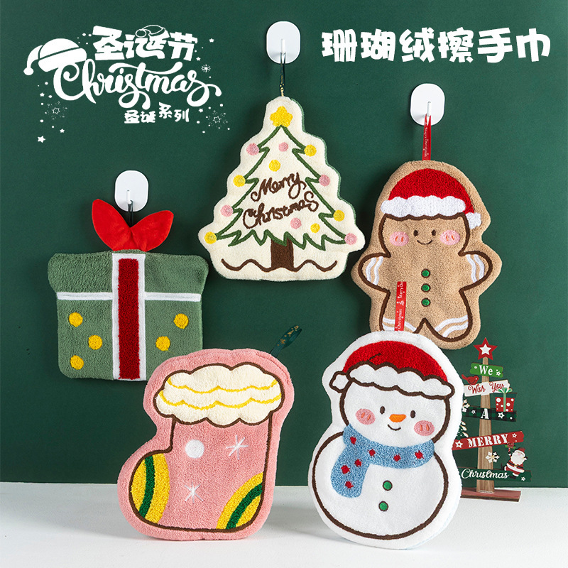 Cross-Border Coral Velvet Hand Towel Christmas Series Household Hand Towel Can Be Hung in the Kitchen and Bathroom Quick-Drying Towel