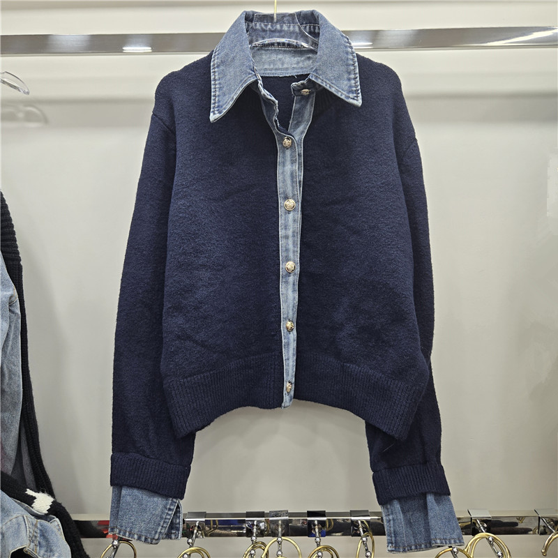 Suéter europeo abrigo de peso pesado femenino 2025 nuevo estilo coreano de principios de otoño falso de dos piezas de alta calidad camiseta de punto denim image 3