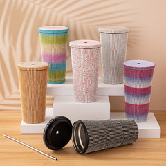 跨境亞馬遜吸管咖啡杯鑲鑽車載保溫杯雙層保溫杯貼鑽304不鏽鋼保