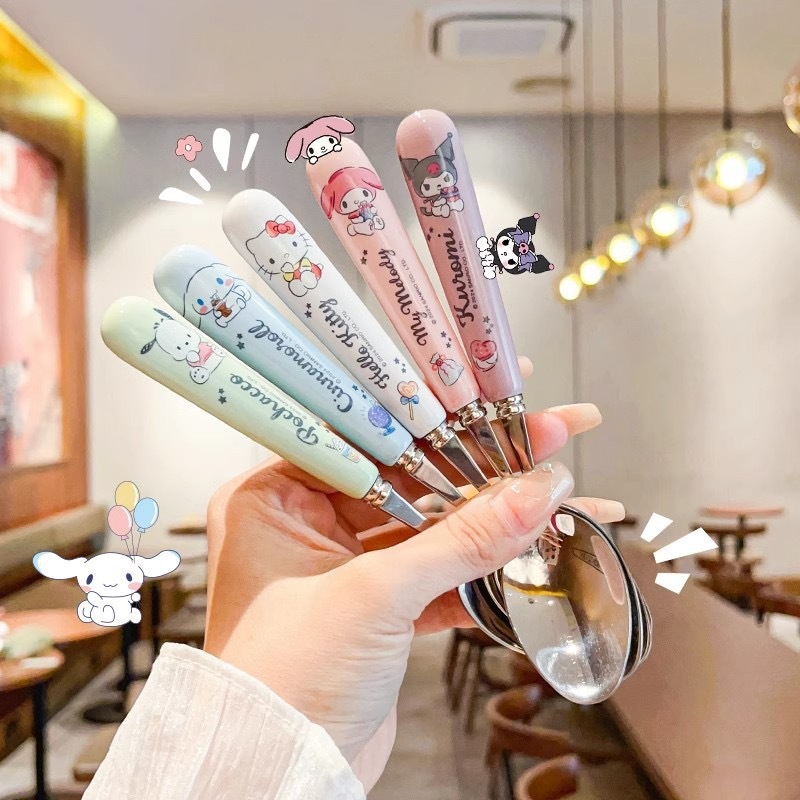 正版三丽鸥陶瓷勺叉 304不锈钢库洛米儿童勺辅食勺大耳狗餐具套装|undefined