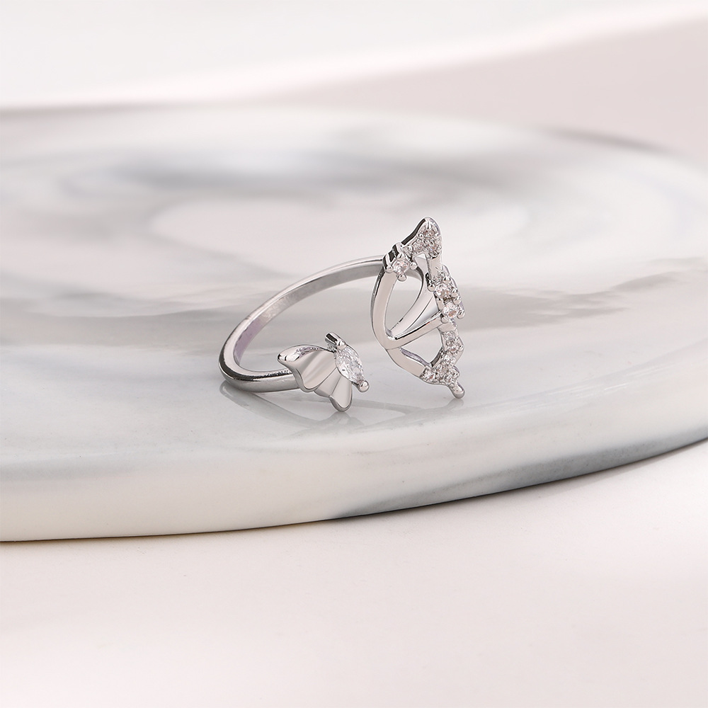 Adjustable Ring Size Wholesale Elegant Butterfly Copper Plating Inlay Zircon Open Rings