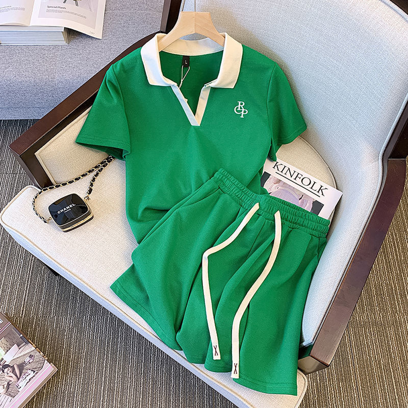 Summer Loose Polo Shirt Short-sleeved T-shirt Sports Suit Wide-leg Shorts Casual Fashion Trendy Two-piece Women's Clothing Summer Loose Polo Shirt Short-sleeved T-shirt Sports Suit Wide-leg Shorts Casual Fashion Trendy Two-piece Women's Clothing