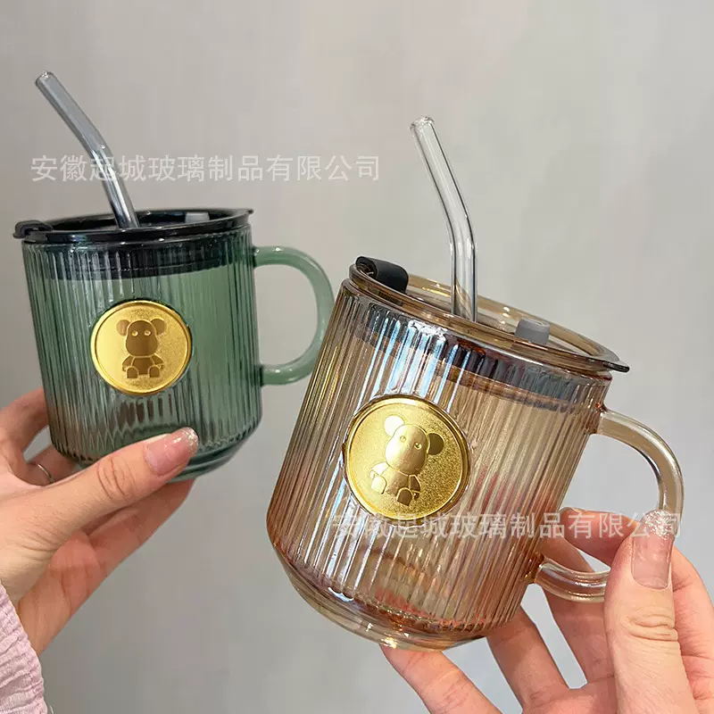 炫彩吸管杯玻璃杯小熊玻璃杯爱心情侣玻璃杯大容量仙女杯学生水杯