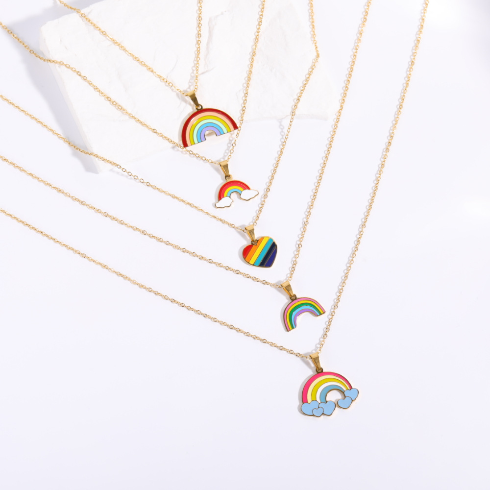 Fashion Simple New Sweet Cute Drop Oil Rainbow Heart Pendant Stainless Steel Necklace