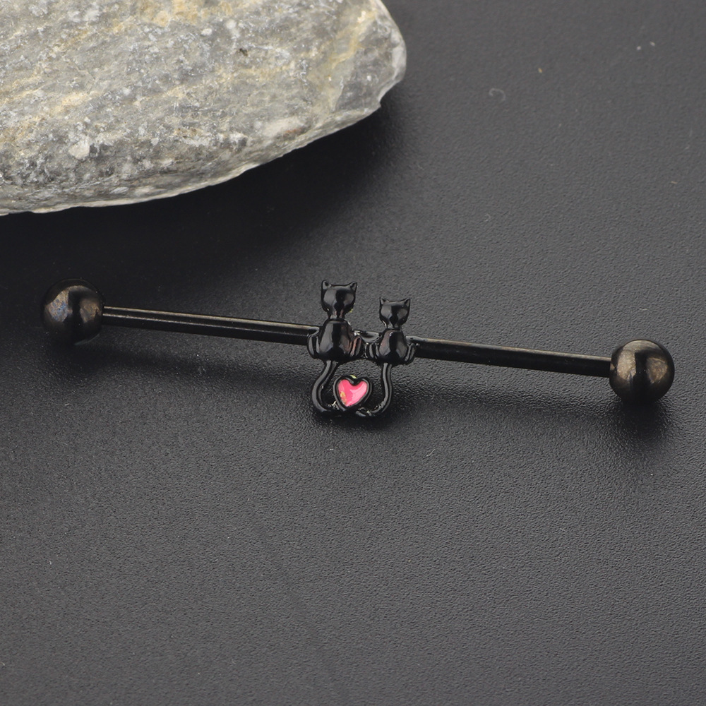 Couple Cat Industrial Barbell Earrings Double Ear Hole Stainless Steel Bridge Ear Studs Ear Bone Ring detail image 7