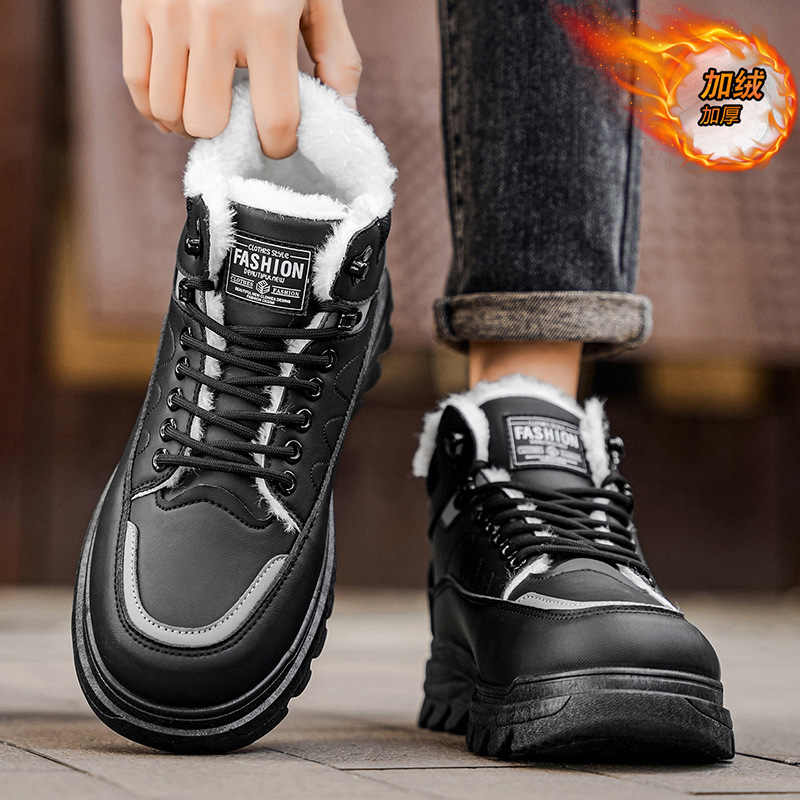 2026 invierno para hombres zapatos de cuero calientes de terciopelo, botas martin negras coreanas, zapatos de algodón casuales gruesos, zapatos de papá