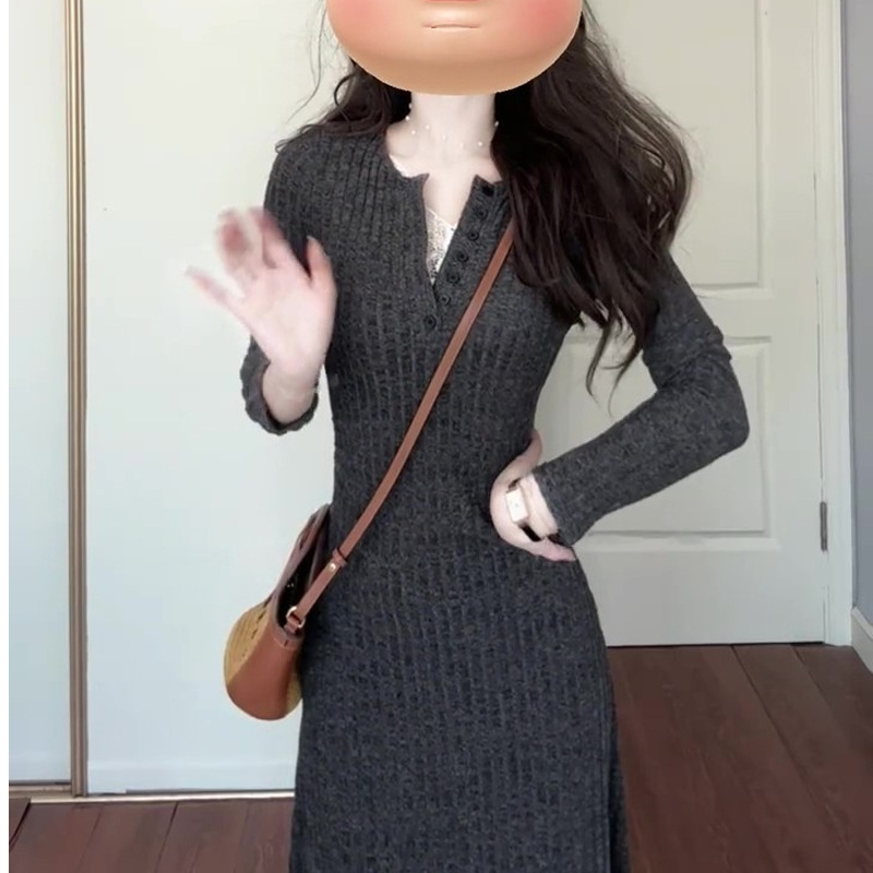 锦倩高级感针织连衣裙女2025秋冬新款百搭气质打底法式长裙圆领女|undefined