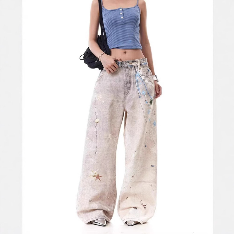American Niche Design Ocean Element Printed Jeans Retro Distressed Dirty Dyed Loose Versatile Straight Pants Trendy