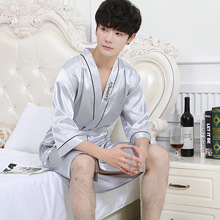 夏季男士薄款睡袍冰丝睡衣七分袖浴袍丝绸宽松韩版家居服春秋大码