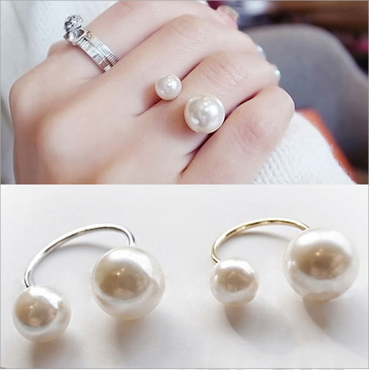 J588 Korean Ring Size Pearl Opening Ring Minimalist Exaggerated Ring Double Pearl Ring for Women_voghion.com