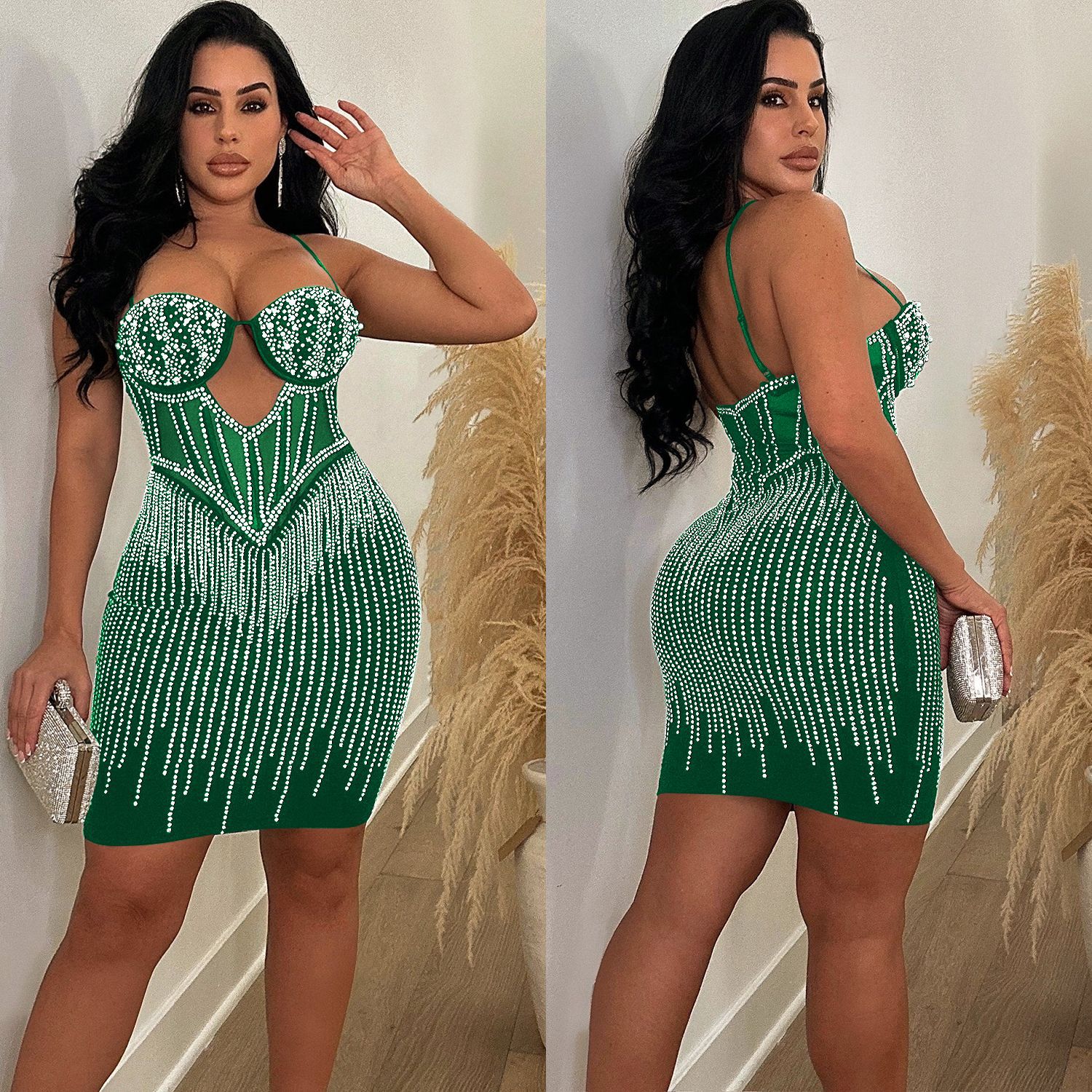 C6753 transfronteriza AliExpress Amazon europeo y americano de las mujeres de moda de color sólido malla rhinestone Correa falda vestido image 5
