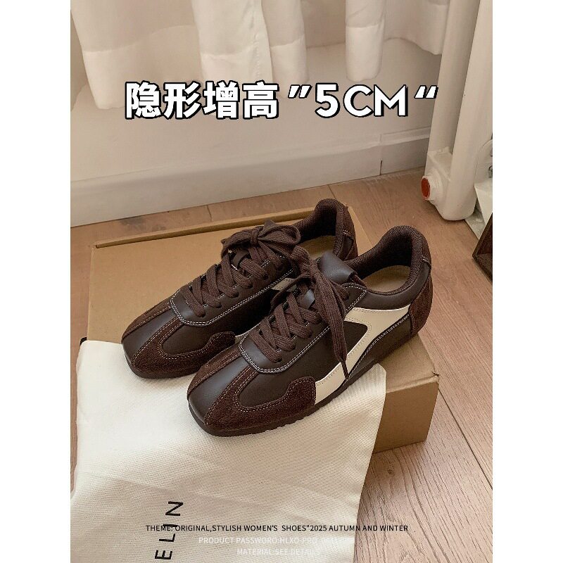 Giày sneaker nữ da cừu phối màu, đế cao su, tăng chiều cao bên trong 5 cm, kiểu retro — Màu nâu (cao hơn 5cm bên trong) có sẵn, Màu nâu (cao hơn 5cm bên trong) đã sẵn sàng để bán, Màu đen (cao hơn 5cm bên trong) có sẵn hàng, Màu đỏ (tăng thêm 5cm bên trong) hàng sẵn có
