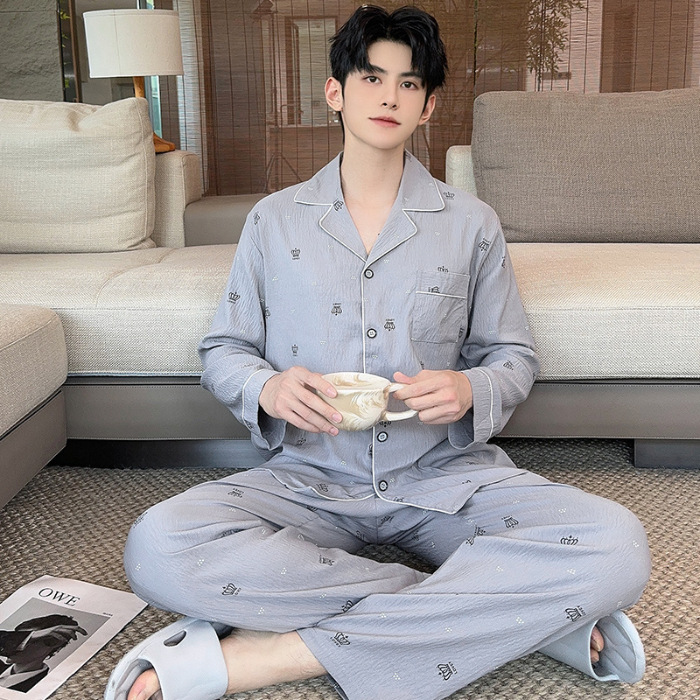 2025 nuevo pijama de primavera y otoño de hombre nubes de algodón de manga larga con la solapa de vestir de casa para niños set de verano