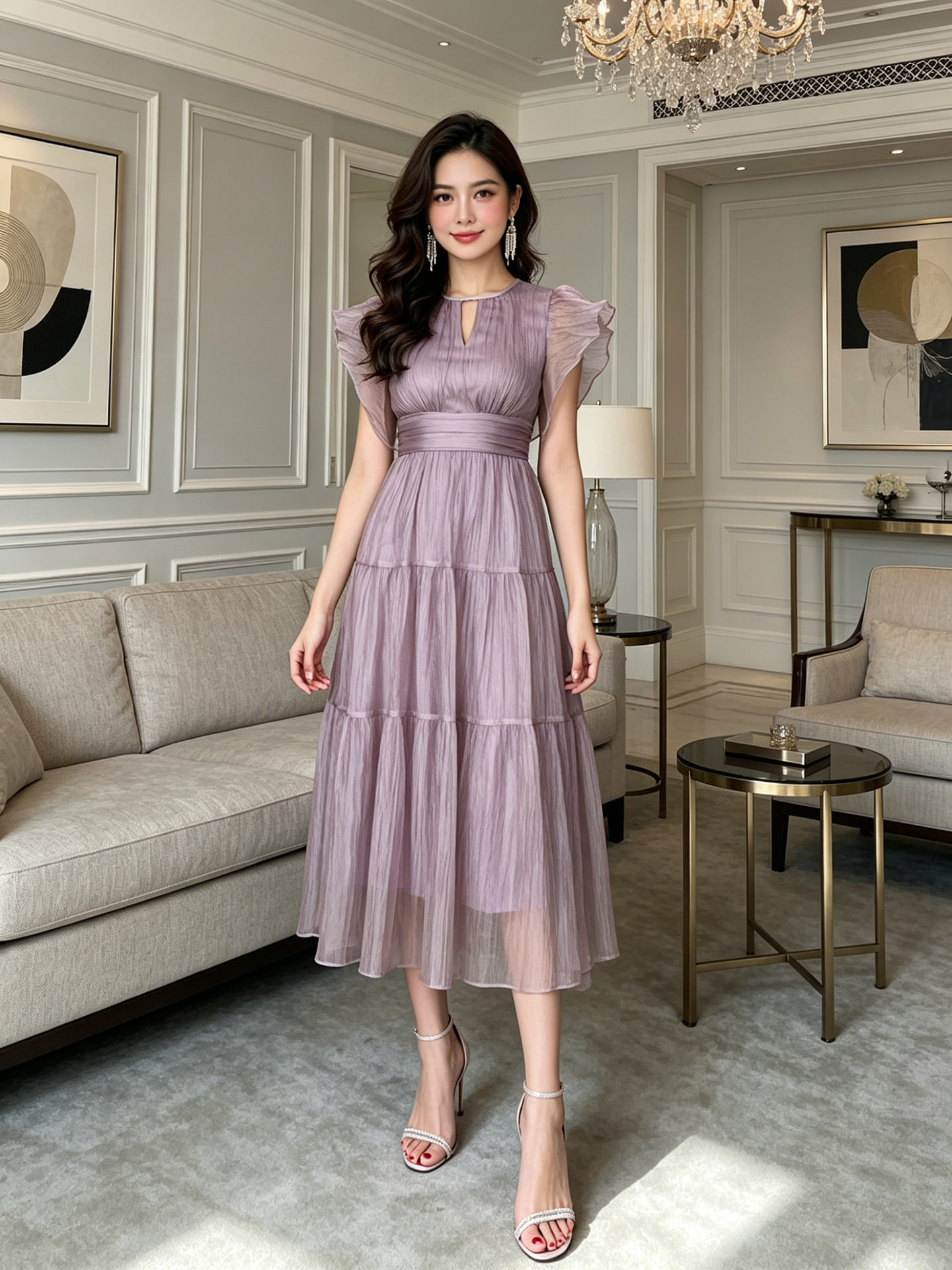 Váy maxi tay áo bay chữ A thắt eo kiểu Pháp mùa hè — Khoai tây tím