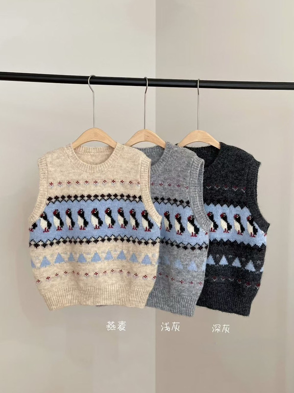 木四 可爱企鹅针织马甲背心女秋冬新款韩版含羊毛叠穿坎肩M6532|undefined