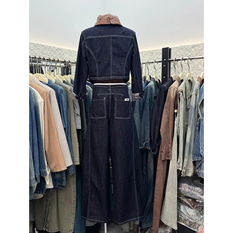 Korean Style New Round Neck Zipper Cardigan Denim Jacket Top Jacket with High Waist Slimming Wide Leg Pants Two-Piece Set for Women