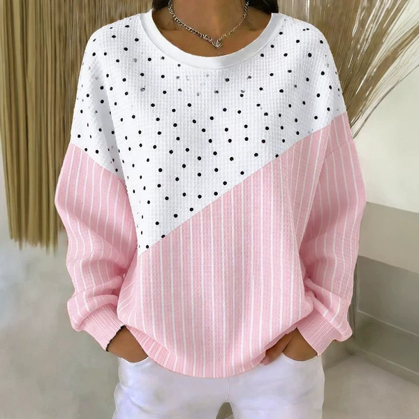Cross-border European and American Amazon loose casual printed round-neck long-sleeve T-shirt, single-sided waffle women's long-sleeve T-shirt