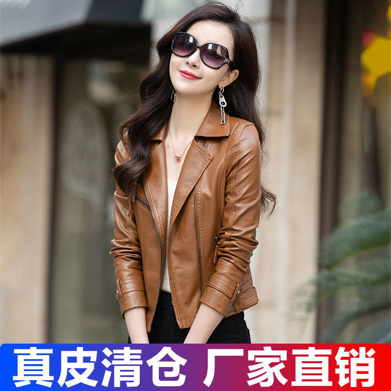 Haining Sheepskin Leather Jacket Women's Short 2025 Spring and Autumn New Motorcycle Jacket Slim Fit Lapel Genuine Leather Jacket