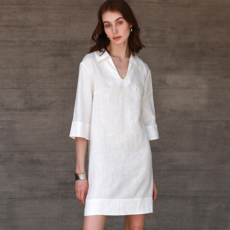 【Clearance Bargain】Pure Linen Half-Sleeve Dress, Designer Shirt Dress, High-End V-Neck White Dress with Turn-Down Collar