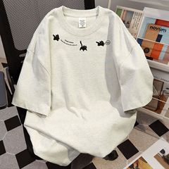 棉夏季宽松上衣小众设计感猫咪字母印花短袖美式复古t恤女严选