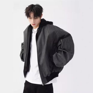 Original Design American Style Retro Baseball Suit Men's Autumn and Winter Loose Casual Short Hooded Puleather Textured Jacket Coat