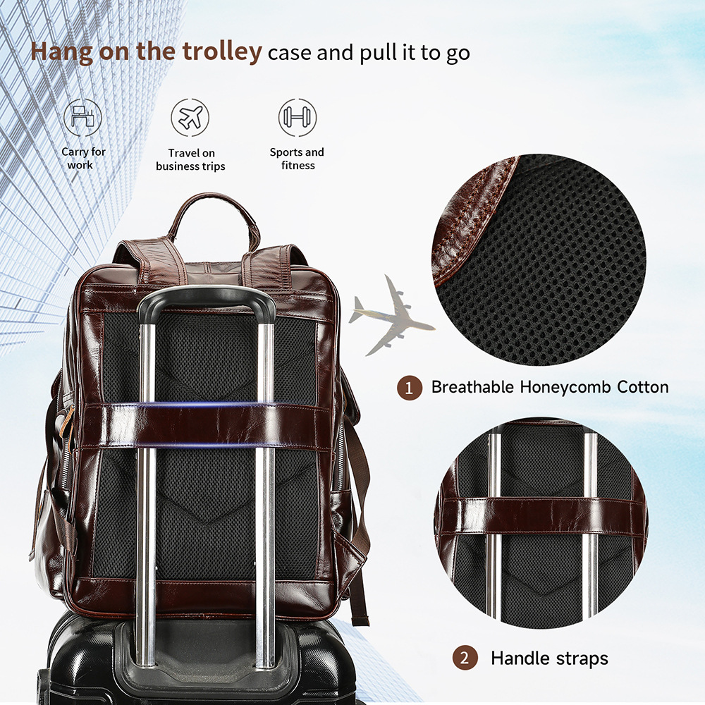 Ba lô công sở nam da sáp dầu dung tích lớn, đựng laptop 15 inch, phong cách retro — nâu