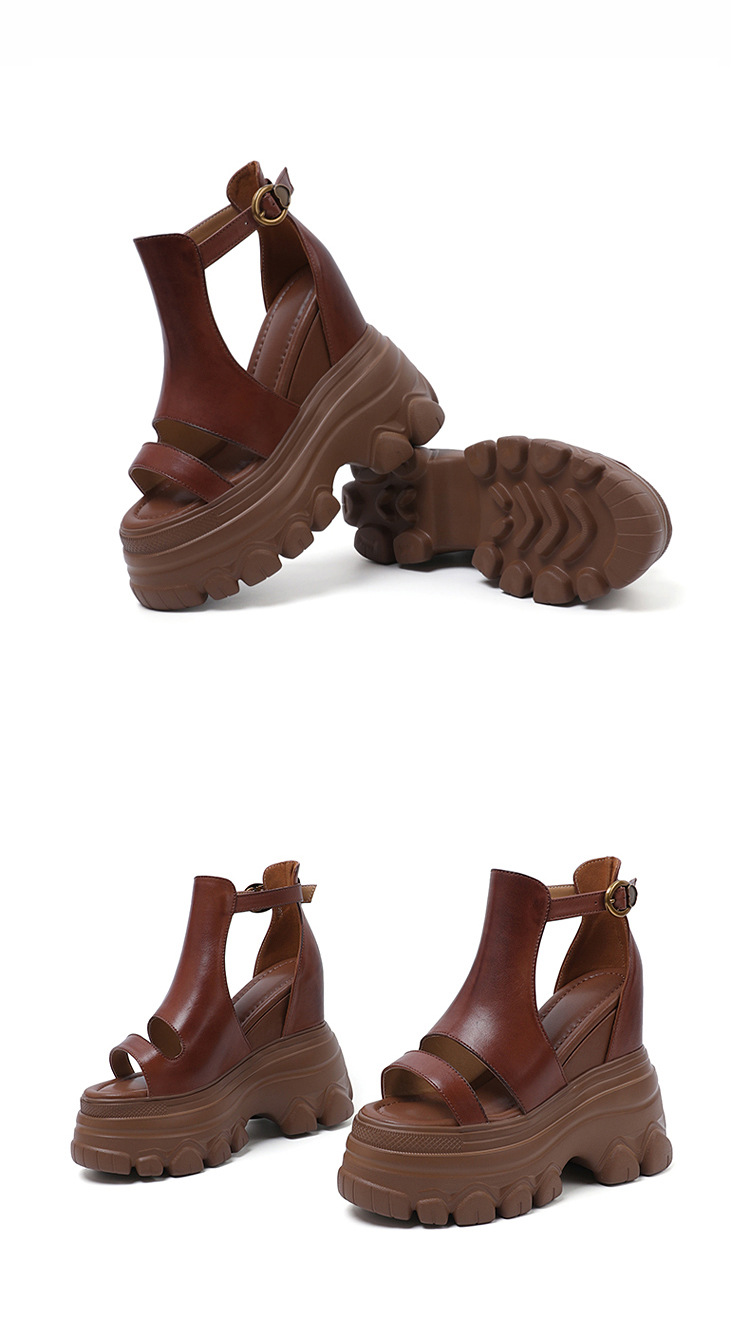 Giày sandal cao gót nữ hở mũi phong cách La Mã, đế xuồng cao 14 cm, da thật, gót vuông, quai mảnh — màu nâu, màu đen chi tiết 18