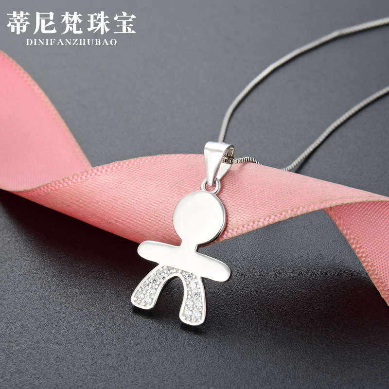 S925 muñeca de plata esterlina de carácter de los niños collar de los hombres y las mujeres simple estilo coreano creativo Micro incrustaciones de circón colgante cadena de la clavícula