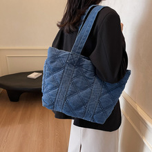 2025春季新款大容量托特包女跨境菱形格绣线单肩包复古牛仔布包