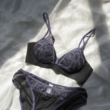 新款法式蕾丝内衣女无钢圈三角杯聚拢薄款大胸显小性感文胸罩套装