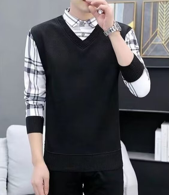 ForMen Lazy Japanese Style Square Trendy New Pullover Brand Shirt Collar Long Sleeve Casual Two-Piece Sweatshirt For Men_voghion.com