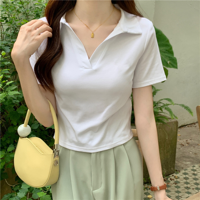 Polo Collar Women's T-shirt Short-sleeved 2024 Summer New Short Slimming Cotton Printed Shoulder Slim-fit Small Top