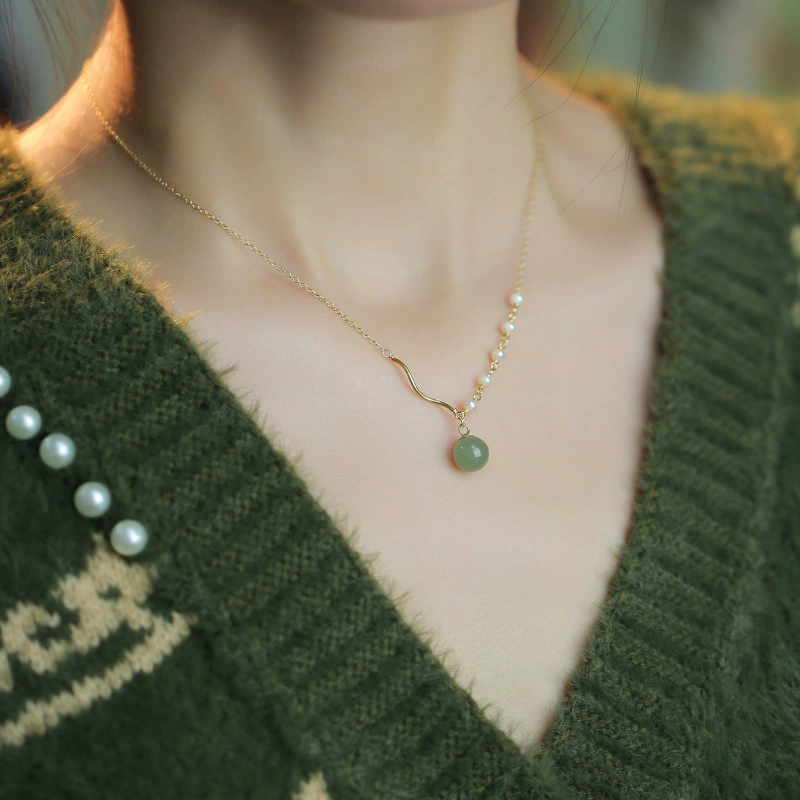 Имитация хетиан нефритовый жемчуг ожерелье ретро национальный прилив женская ключица цепь легкая роскоши нишевая старое ключица новый китайский стиль