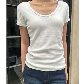 BM风美式夏季白色V领正肩短袖T恤女棉修身显瘦基础款上衣女