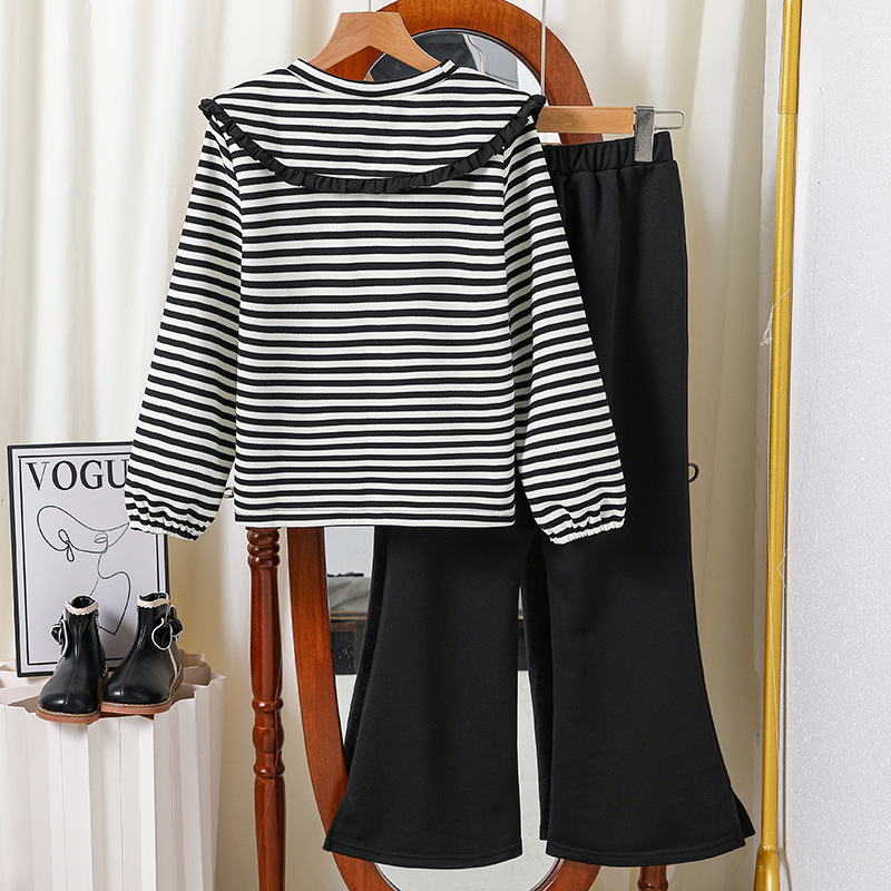 2024 Mädchen Herbst Outfit neue gestreifte Revers Top Langarm Sweatshirt weite Beinhose zweiteiliges Set für mittlere und_voghion.com