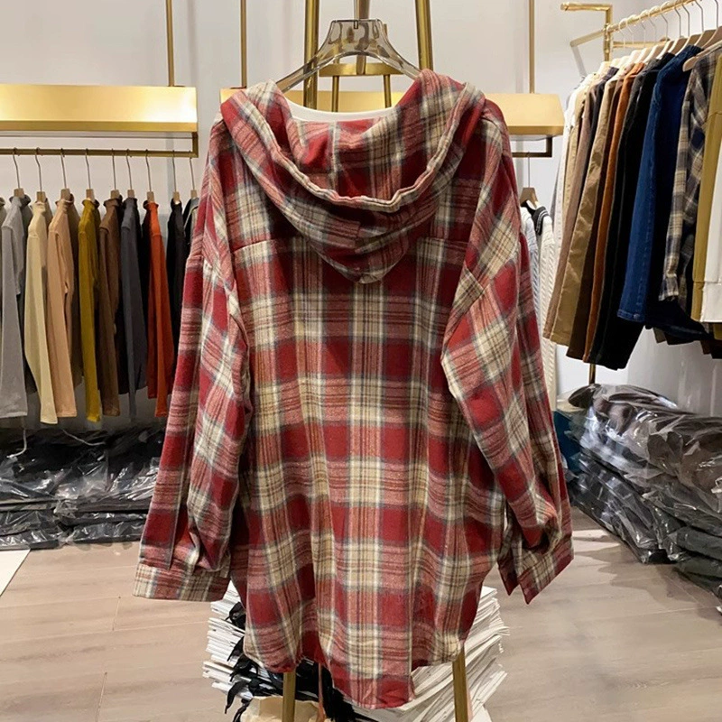 Клетчатая куртка-рубашка с капюшоном, женская весенняя новая стильная свободная универсальная рубашка в китайском стиле с длинными рукавами, топ