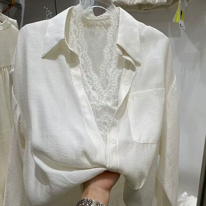 2026 Simple Spring Splicing New Style White Two-Piece Suit Lace Long-Sleeved Loose Shirt Top Black 2026 Simple Spring Splicing New Style White Two-Piece Suit Lace Long-Sleeved Loose Shirt Top Black