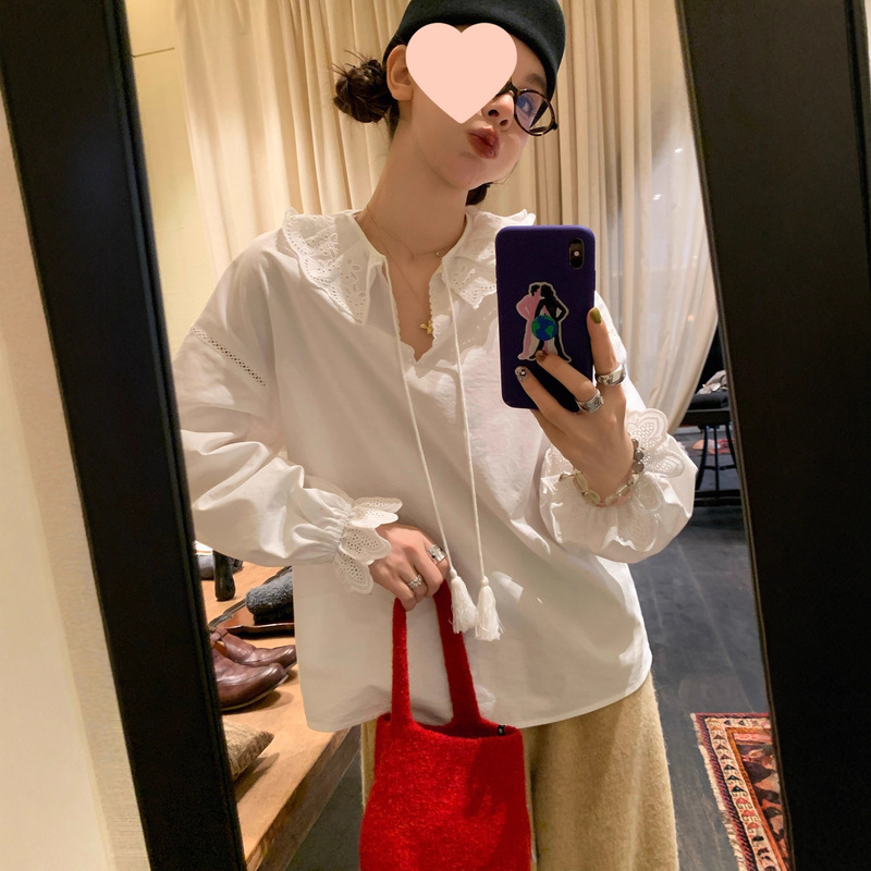 Le Rouge Zhou Meimei [New Product at 8Pm on the 10Th] Tassel Strap Cut Out Embroidered Lace Collar Shirt