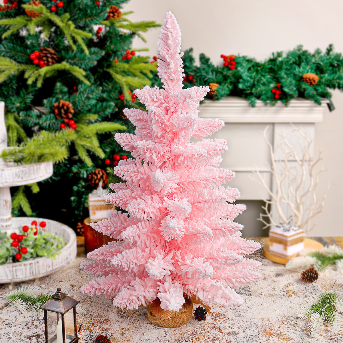 Nuevos productos transfronterizos árbol de Navidad rosa creativo flocado árbol de simulación de nieve decoración de ventanas de navidad