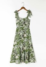 夏季新款欧美女装时尚绿色花朵印花吊带荷叶边连衣裙S11397