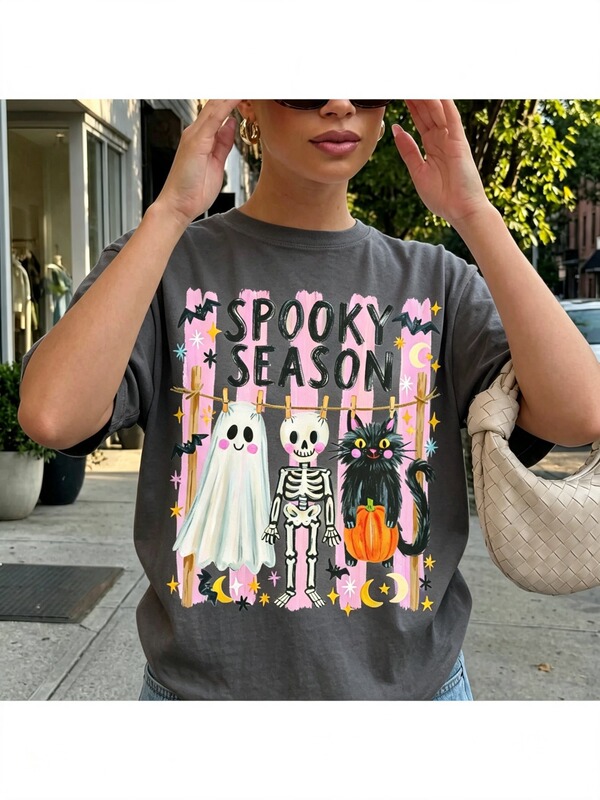 European size cotton T-shirt with cute ghost and black cat graphic, Halloween preppy aesthetic graphic short-sleeve for women