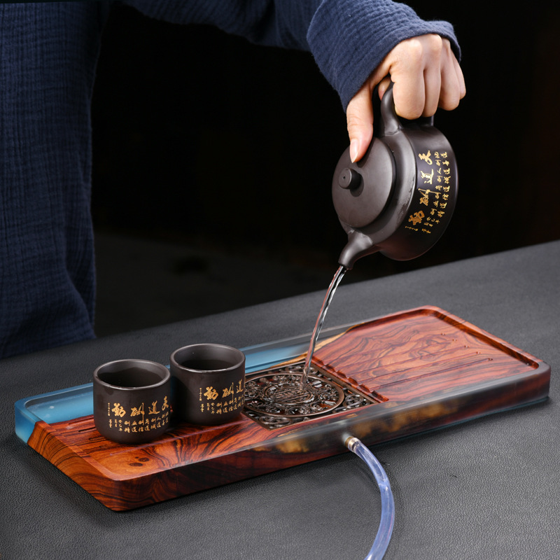 Luz creativa de lujo pequeña hoja sándalo rojo bandeja de té resina epoxi mesa de té vintage bandeja de madera maciza redonda rectangular japonesa burbuja seca