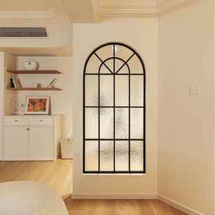 French-Style Wrought Iron Glass Screen for Living Room, Cream-Colored Vintage Partition, Faux Window, Creative Archway, Entrance Blocking Decoration